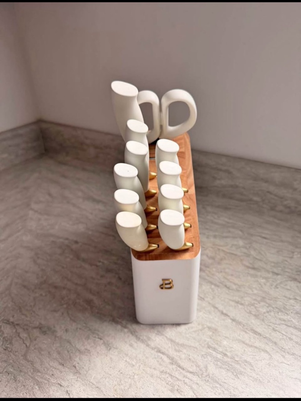 White & Wood Knife Block Set with White Handles